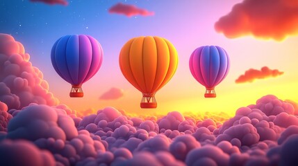 Obraz premium Dreamlike Hot Air Balloon Sunset Adventure Above Fluffy Cloudscape