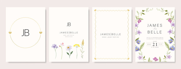 Elegant wedding invitation card background vector. Minimal hand painted watercolor botanical flowers texture template background. Design illustration for wedding, vip cover, poster, rsvp modern card.