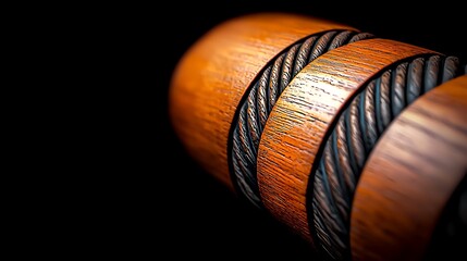 Close-up view of a wooden object with textured rings and rope accents against a black background