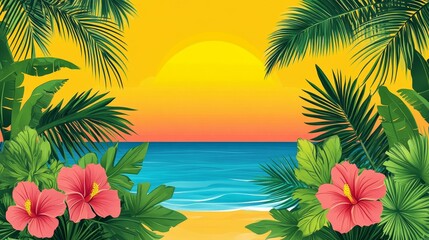 Obraz premium Vibrant Tropical Sunset Beach Paradise: Hibiscus Flowers and Palm Leaves Frame Ocean View