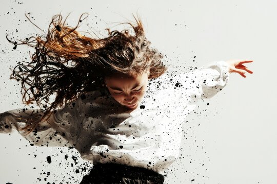 Woman dancer in white shirt dancing amidst flying pieces in light colored space