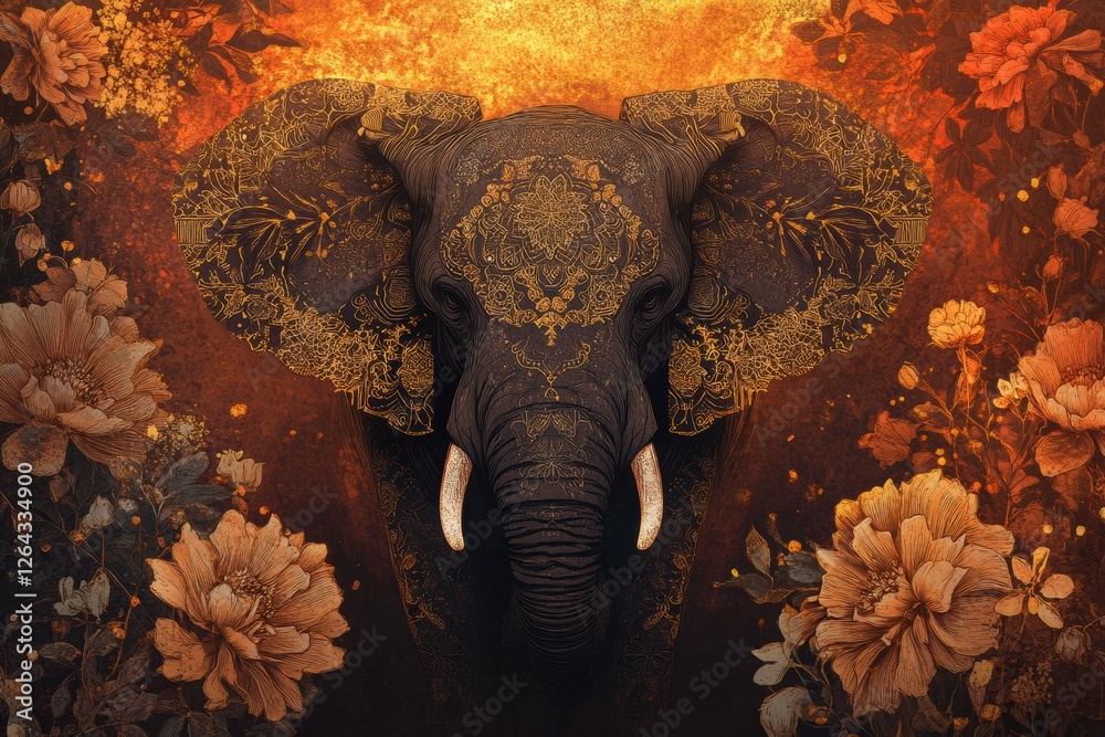 Poster Majestic elephant adorned with intricate floral patterns in a vibrant background of orange and gold. Generative AI