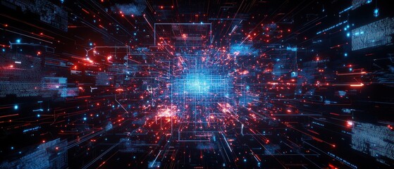 Naklejka premium Abstract Digital Space Background with Red and Blue Glowing Particles