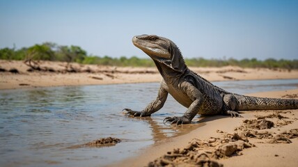 Fototapeta premium Swift Pursuit: Monitor Lizard Racing Along Riverbank with Birds Soaring Above