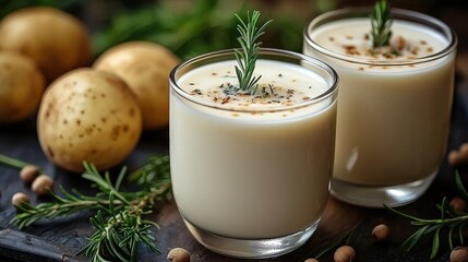 Creamy potato drink with fresh herbs served in elegant glasses on rustic wooden surface