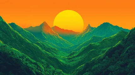 Vibrant Sunset Over Lush Green Mountainscape Dramatic Hilly Terrain Golden Hour Scenic Vista
