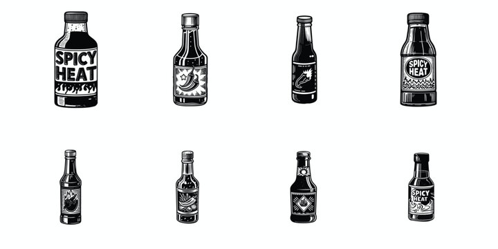 Hot sauce bottles black and white illustrations chili pepper icons