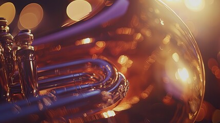 Close-up of a gleaming tuba with blurred golden bokeh background, evoking a festive atmosphere