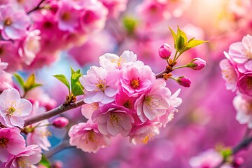 Naklejka premium Beautiful spring natural background with bright pink cherry blossom flowers close up macro.