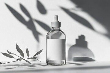 Clear glass bottle with a blank label, shadowy leaves background. Perfect for showcasing your brand's beauty product or essential oil.