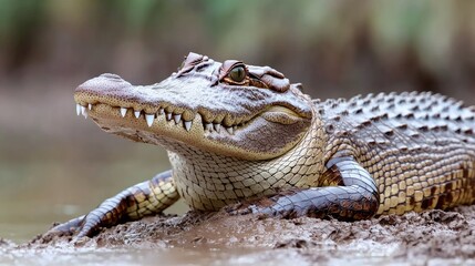 Obraz premium Young alligator resting in muddy bank of a swamp