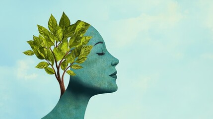 Woman's Profile with Tree and Leaves Symbolizing Nature and Growth