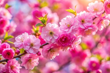 Fototapeta premium Beautiful spring natural background with bright pink cherry blossom flowers close up macro.