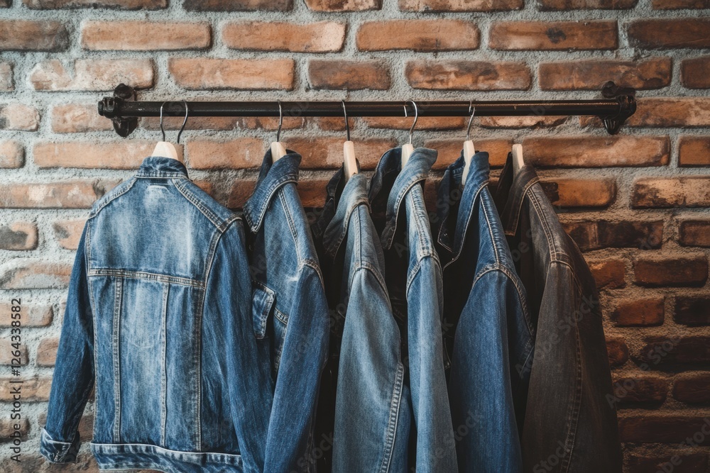 Aufkleber denim jackets hanging on a rustic brick wall with space for text or branding in a trendy urban setti