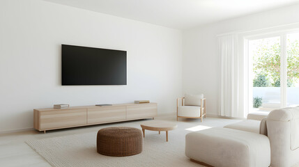 Minimalist living room, modern furniture, sunlit patio view, relaxing atmosphere, home interior design