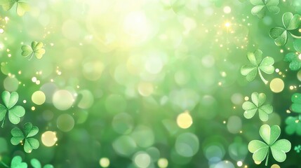 Fototapeta premium A vibrant green background featuring soft bokeh effects and subtle clovers, creating a fresh and lively atmosphere.