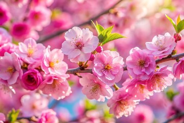 Beautiful spring natural background with bright pink cherry blossom flowers close up macro.