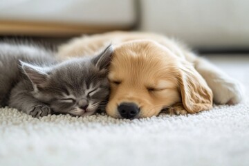 Golden Puppy and Kitten: Serene Sleep, Soft Textures, Gentle Mood