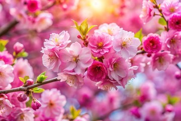 Fototapeta premium Beautiful spring natural background with bright pink cherry blossom flowers close up macro.