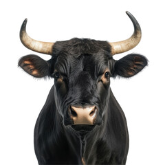 Naklejka premium Close up of a Black Bull with Prominent Horns against a White Background