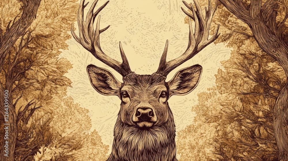 Fototapete intricate engraved deer portrait in sepia tones with space for text for personalized messages or art