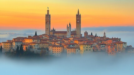 Fototapeta premium Aserra Sunrise: Misty Medieval Cityscape