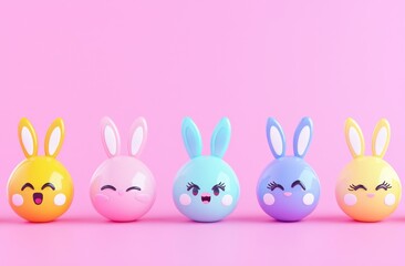 Obraz premium Joyful Easter eggs with cute faces and ears against a pink canvas.