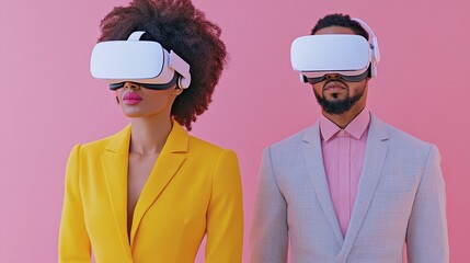 Young Couple Wearing Virtual Reality Headsets Against Pink Background