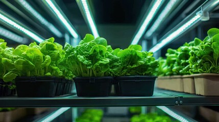 Fresh Green Lettuce Growing in Hydroponic Shelf System with Modern Indoor Farming Setup