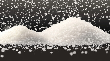 Realistic set of sugar, salt crystals or rice png scattered on dark surface. Vector illustration of piles of white granules isolated on transparent background. Cooking ingredients for flavor enhancing