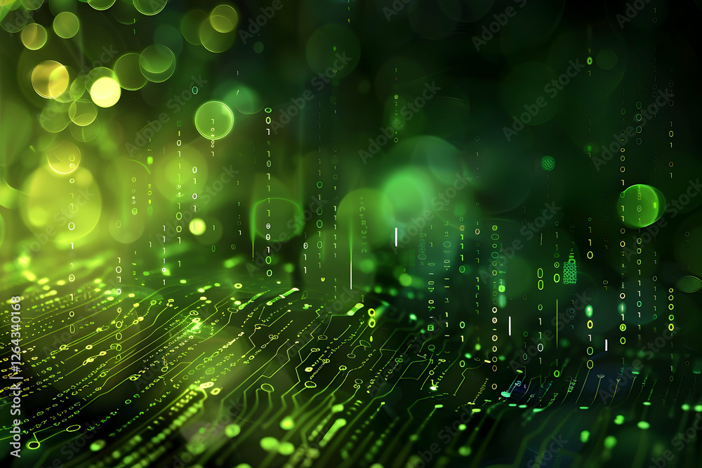 Poster abstract green technology background with glowing binary code and circuit patterns, ideal for digita