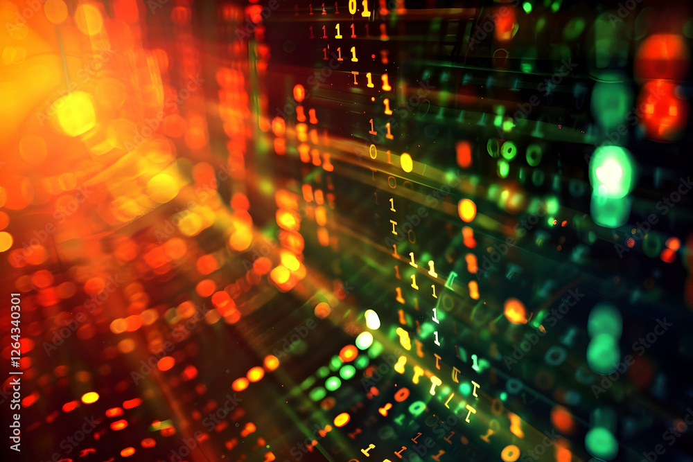 Poster abstract digital background with colorful binary code, glowing particles, and light effects