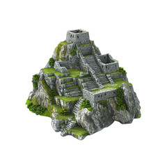 3D Render of Ancient Stone Mountaintop Fortress with Multiple Staircases and Lush Greenery