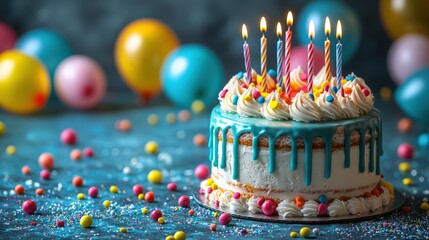 Colorful birthday cake with candles and balloons on a festive background for celebrations
