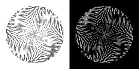 Dynamic abstract spiral sound wave rhythm lines. Circular spiral sound wave rhythm of lines. Circular futuristic abstract lines, black and white background.