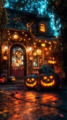 A festive Halloween scene with carved pumpkins and glowing lights adorning a cozy house.