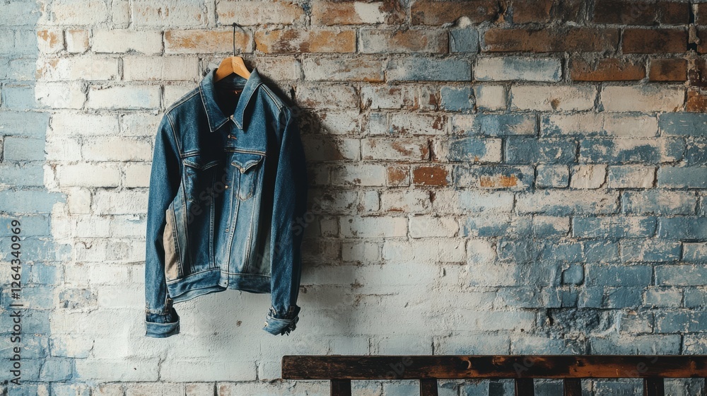 Leinwandbilder denim jacket hanging on rustic brick wall with ample space for text and design elements. generative 