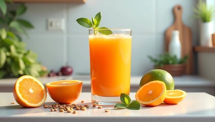 Fototapeta premium Close up of delicious orange juice and fruits, detox juice, juice in a glass, post-winter detox on white table, modern kitchen background 