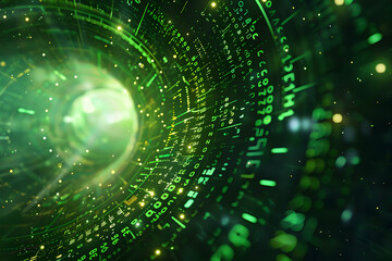 Obraz premium Abstract digital vortex with glowing green binary code, representing technology and data flow
