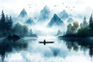 Fototapeta premium Chinese Ink Painting Style Man Rowing on River with Misty Mountains, Flying Birds, and Green-Blue Hues. High-Resolution Vector Illustration with White Space at Top.