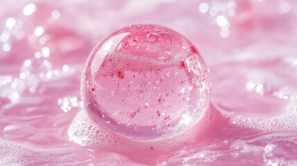 3d liquid pink jelly drop. Water or serum droplet isolated on background. Soap swatch ball realistic. Clear fluid body scrub for skincare. Shower lotion sphere with hyaluron and raspberry top view