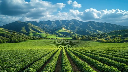 Lush green vineyard rows under a bright blue sky with mountains in the background