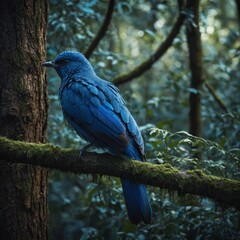 Obraz premium A bird with radiant blue feathers resting on a tree branch in an enchanted forest.