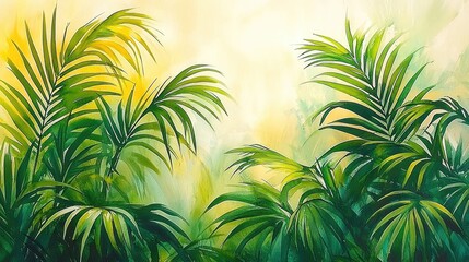Lush green tropical foliage with vibrant palm leaves against a soft, warm background