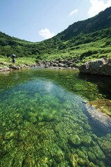 Fototapeta premium Scenic Clear River Flowing through Green Hills. Relaxation and outdoor nature