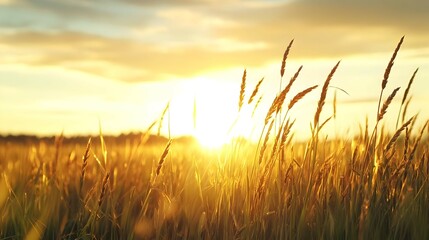 Fototapeta premium Golden Hour Sunset Over a Grass Field