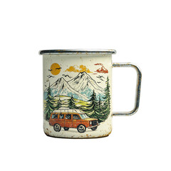 Obraz premium Vintage Enamel Camping Mug with Mountain and Van Design
