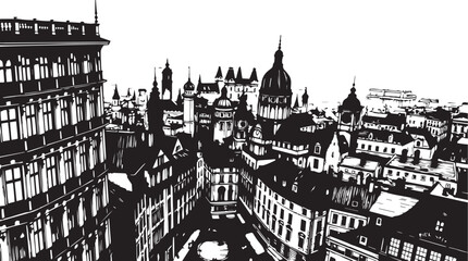 Fototapeta premium City landscape. Different buildings on street, outline cityscape hand sketch, flat houses. Hand drawn vector illustration