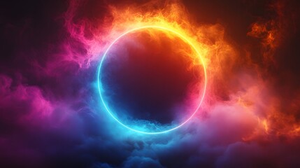 Obraz premium Fiery portal circle with neon glow, energy field in cosmic clouds