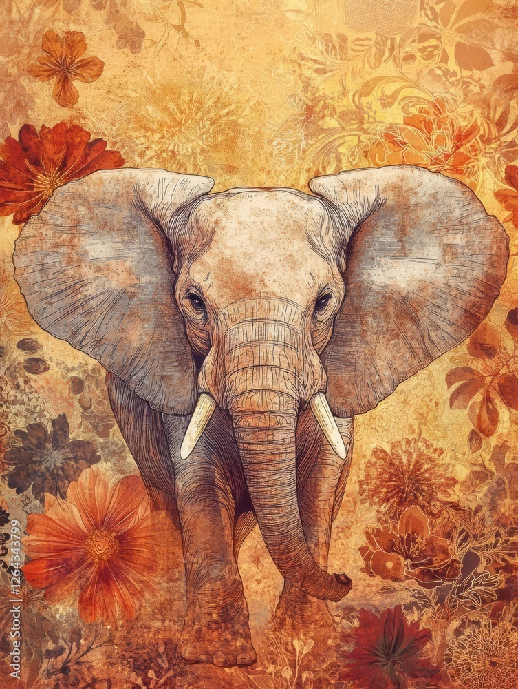 Poster Elephant surrounded by floral patterns and warm colors creating a vibrant artistic representation. Generative AI